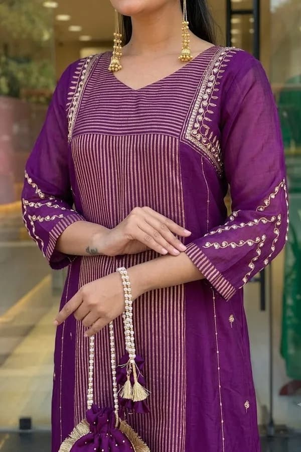 Women's Premium Deep Purple Embroidered Straight Kurta Set with Dupatta — 3
