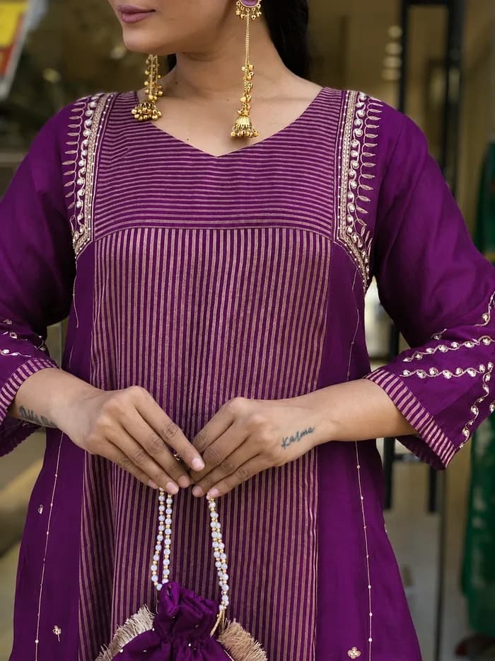Women's Premium Deep Purple Embroidered Straight Kurta Set with Dupatta — 2