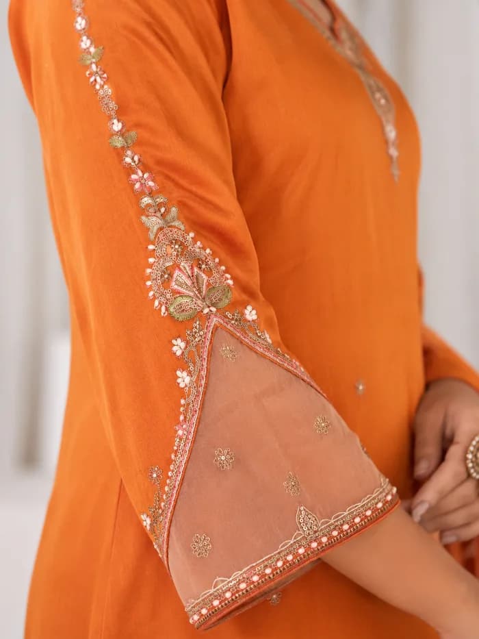 Rust Orange Embroidered Kurta Pant & Dupatta Set for Women — 3