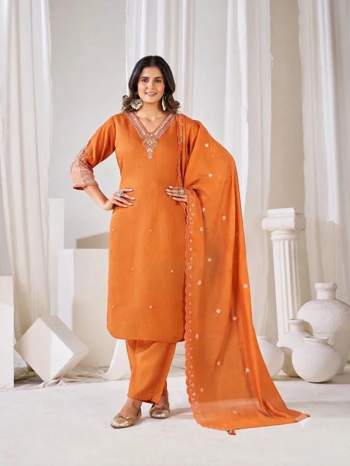 Rust Orange Embroidered Kurta Pant & Dupatta Set for Women — 1