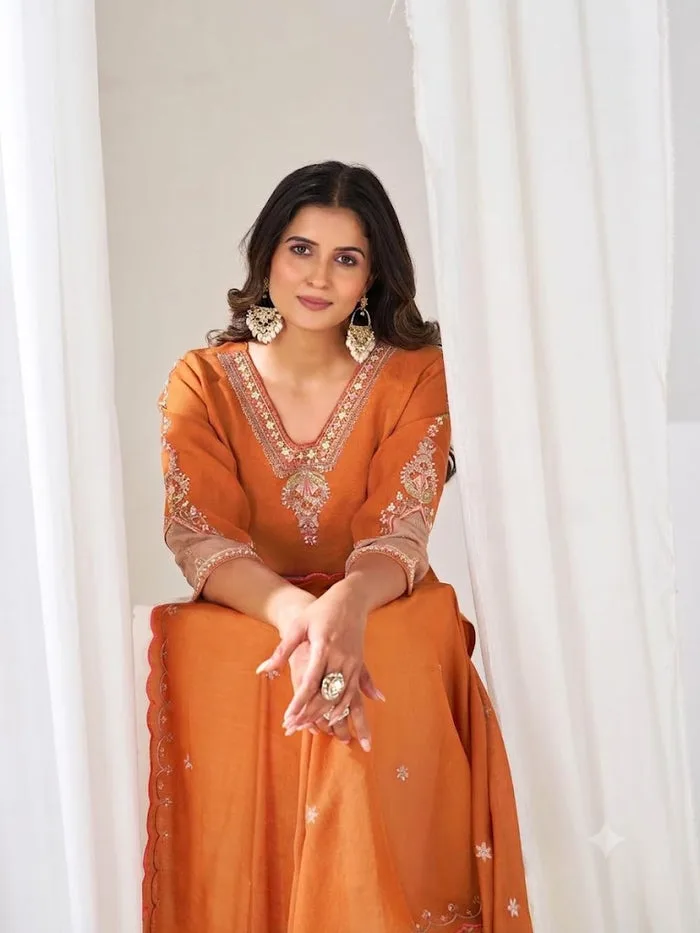 Rust Orange Embroidered Kurta Pant & Dupatta Set for Women — 4