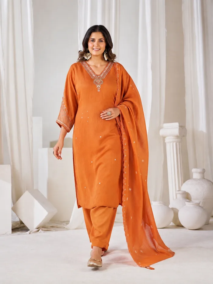 Rust Orange Embroidered Kurta Pant & Dupatta Set for Women — 2