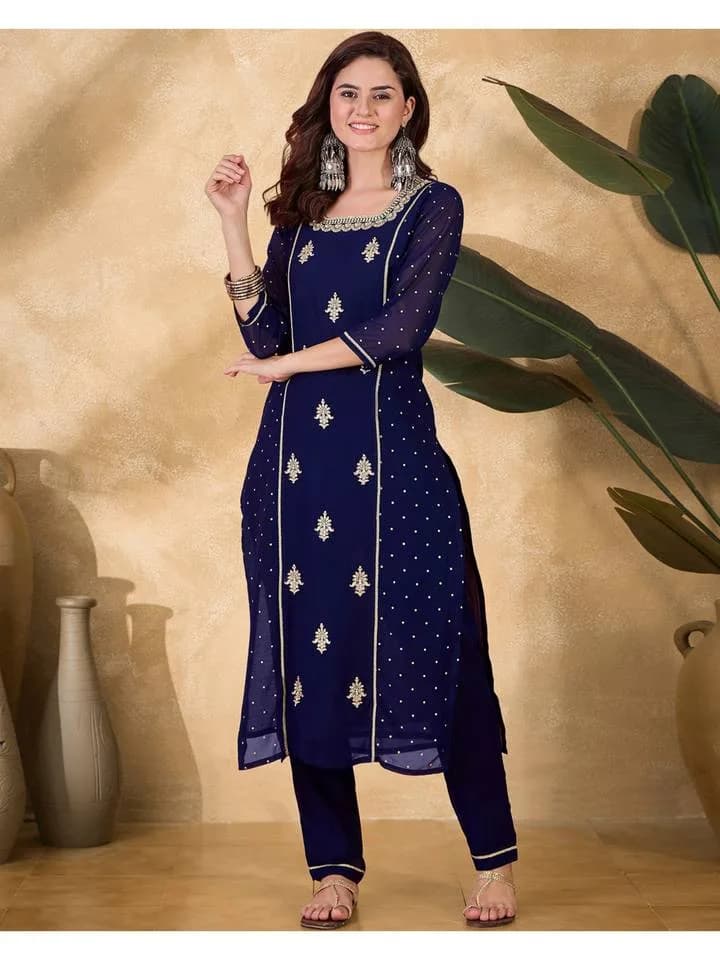 Nevy Blue Zari Sequence Thread Embroidered Foil Print Kurta, Pant & Dupatta (Set of 3) — 1