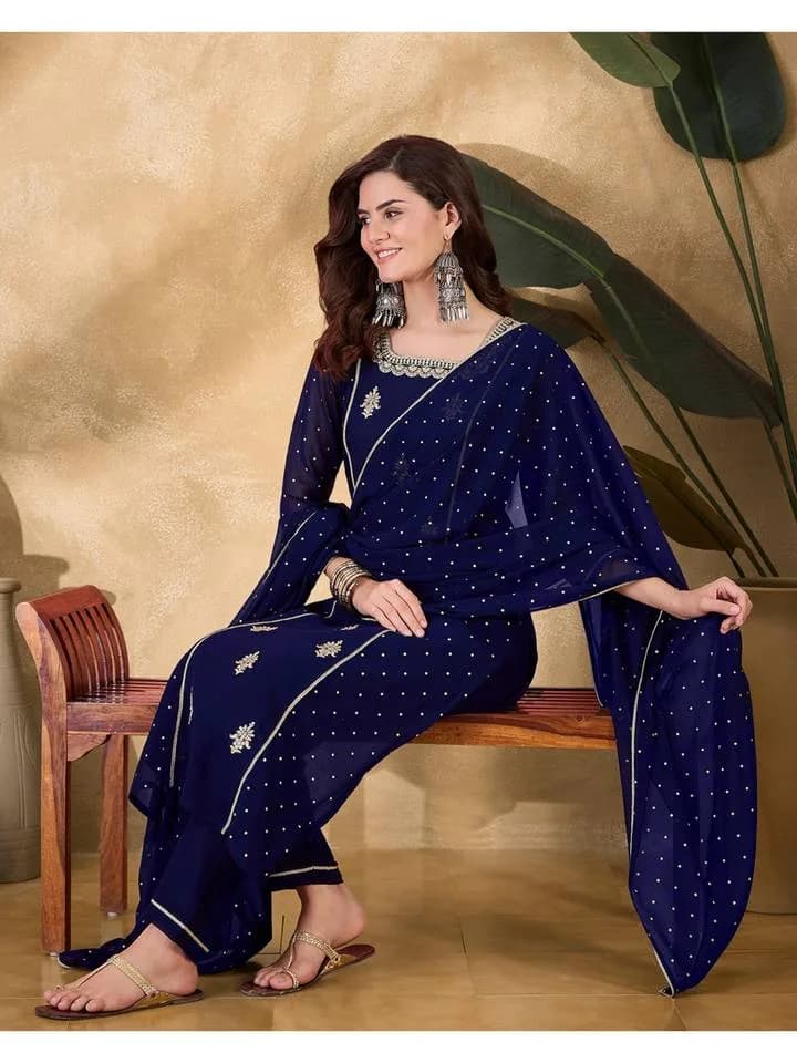 Nevy Blue Zari Sequence Thread Embroidered Foil Print Kurta, Pant & Dupatta (Set of 3) — 6