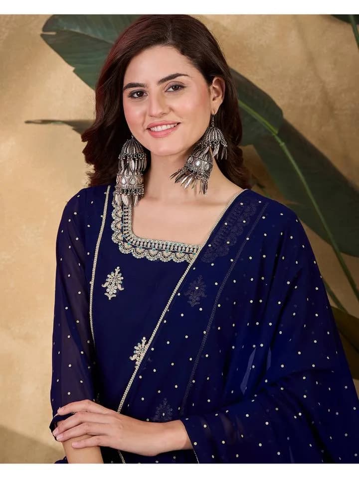 Nevy Blue Zari Sequence Thread Embroidered Foil Print Kurta, Pant & Dupatta (Set of 3) — 4