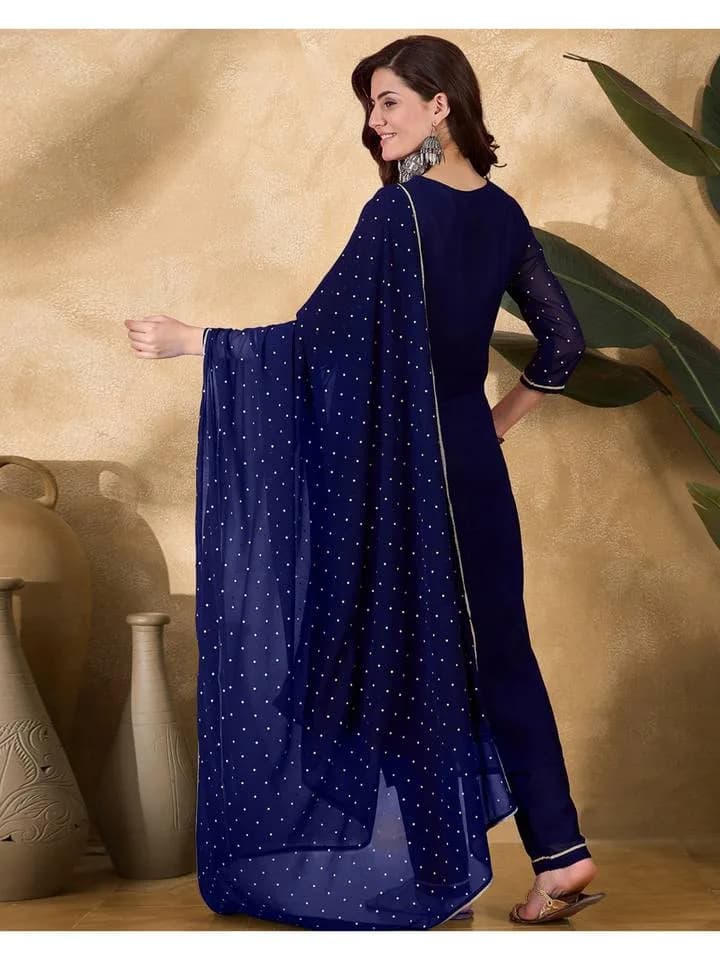 Nevy Blue Zari Sequence Thread Embroidered Foil Print Kurta, Pant & Dupatta (Set of 3) — 2