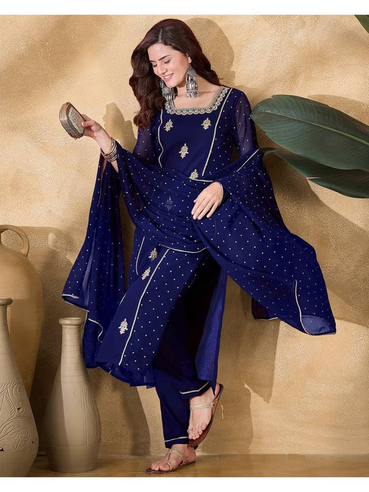 Nevy Blue Zari Sequence Thread Embroidered Foil Print Kurta, Pant & Dupatta (Set of 3) — 5