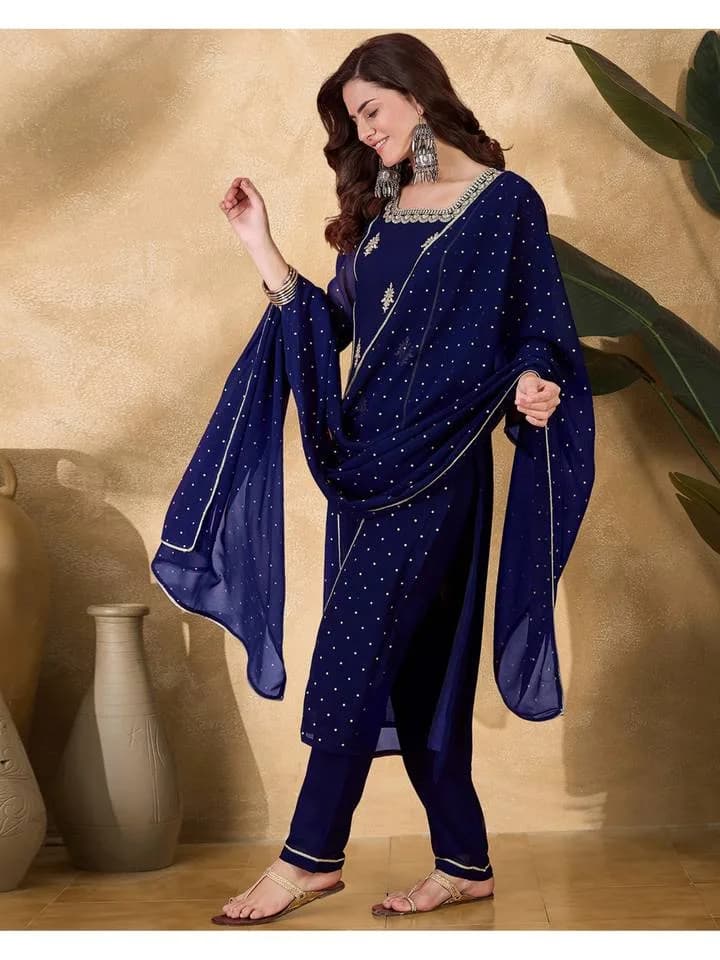 Nevy Blue Zari Sequence Thread Embroidered Foil Print Kurta, Pant & Dupatta (Set of 3) — 3
