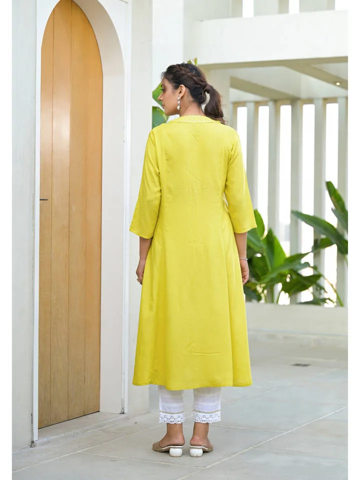 Yellow Embroidered Liva Rayon Mirror Work Kurta — 4
