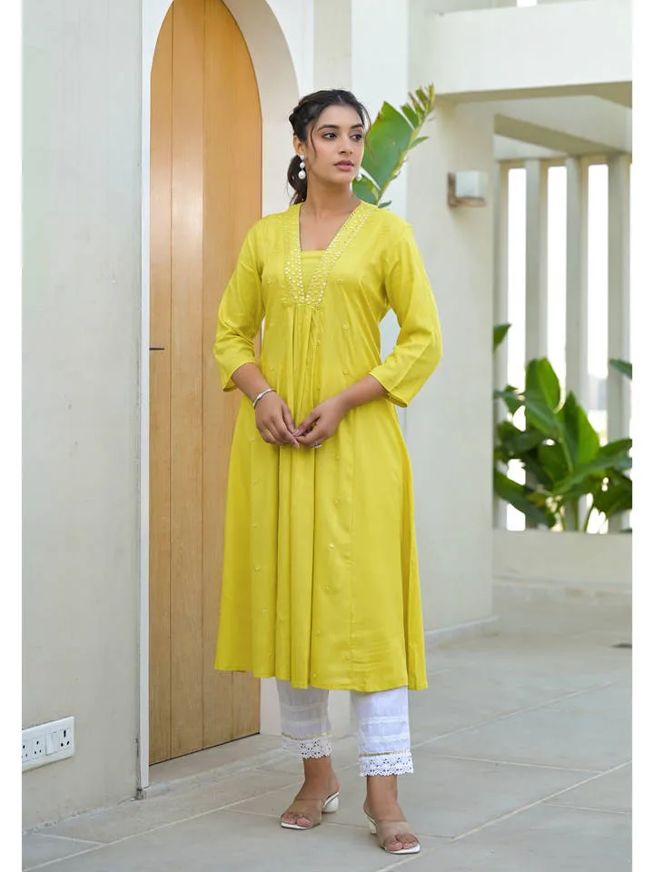 Yellow Embroidered Liva Rayon Mirror Work Kurta — 5