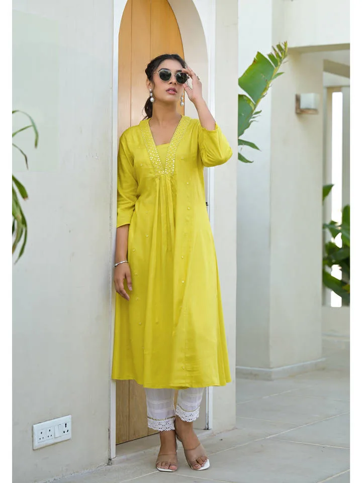 Yellow Embroidered Liva Rayon Mirror Work Kurta — 1