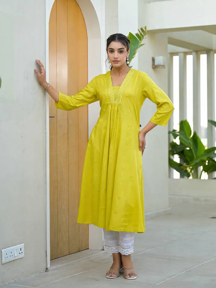 Yellow Embroidered Liva Rayon Mirror Work Kurta — 2