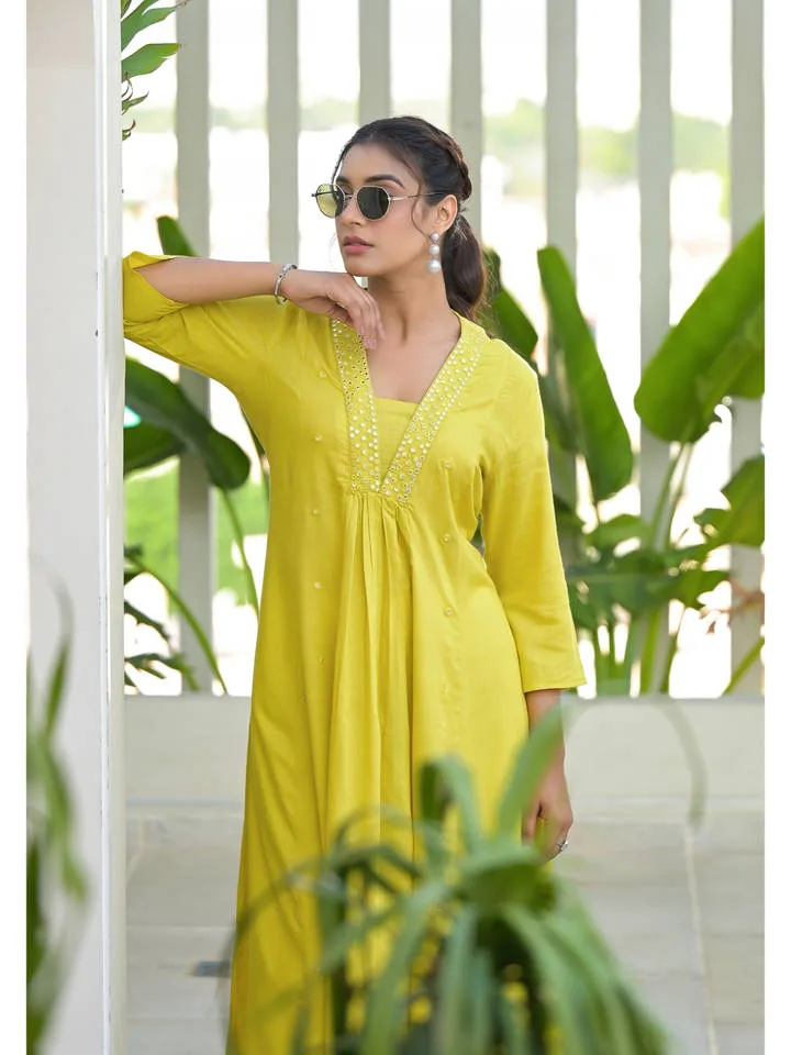 Yellow Embroidered Liva Rayon Mirror Work Kurta — 3