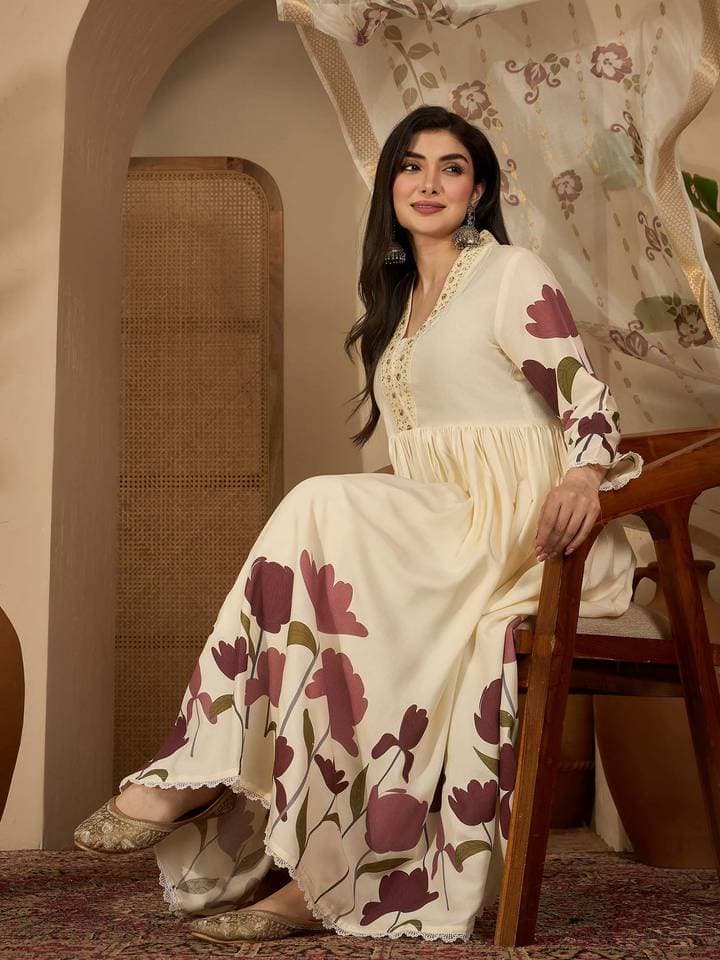 Women Cream Floral Printed Rayon Flared Kurta With Palazzo & Dupatta — 6