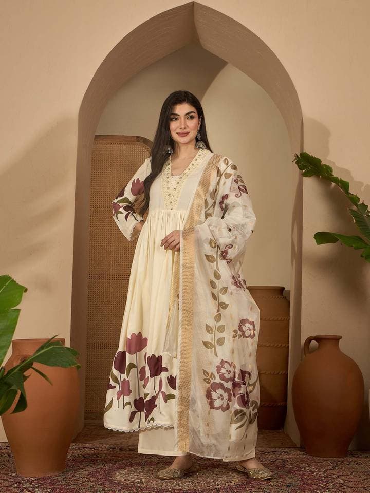 Women Cream Floral Printed Rayon Flared Kurta With Palazzo & Dupatta — 1