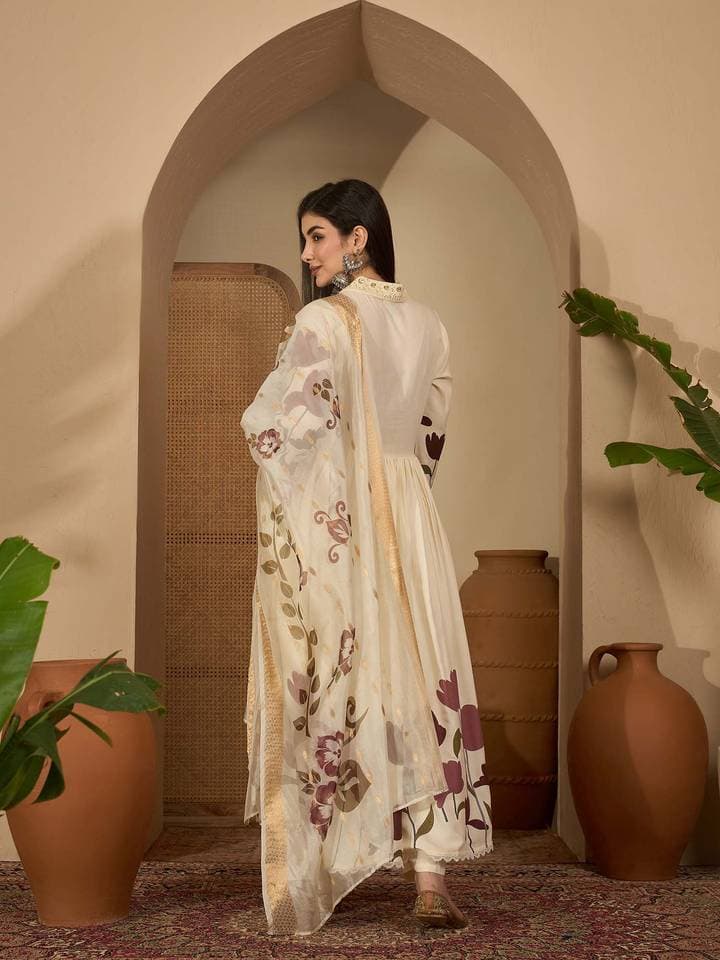 Women Cream Floral Printed Rayon Flared Kurta With Palazzo & Dupatta — 3