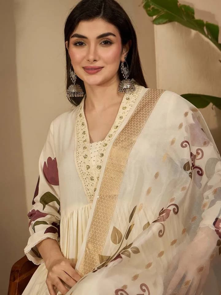 Women Cream Floral Printed Rayon Flared Kurta With Palazzo & Dupatta — 5