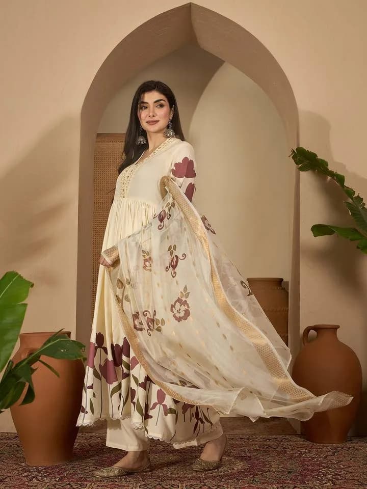 Women Cream Floral Printed Rayon Flared Kurta With Palazzo & Dupatta — 2
