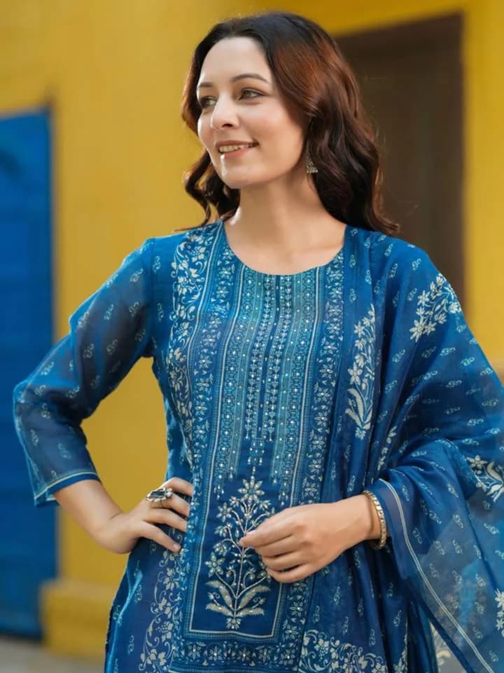Blue Floral Kurta with Pant and Dupatta — 5
