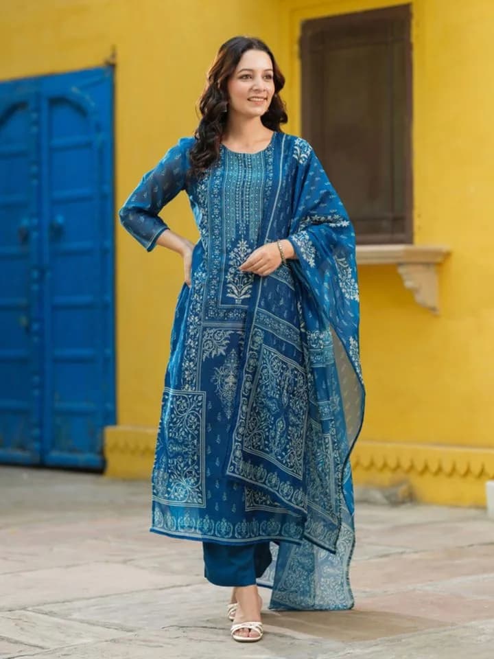 Blue Floral Kurta with Pant and Dupatta — 1