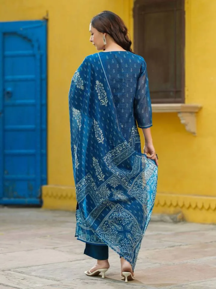 Blue Floral Kurta with Pant and Dupatta — 3