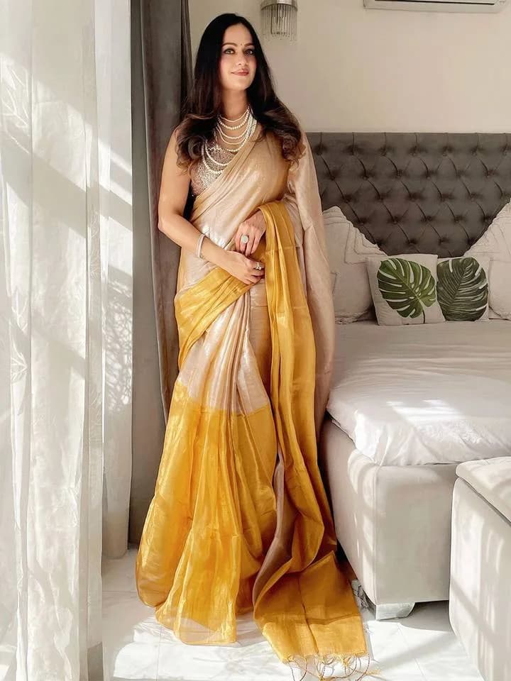 Women's Tissue Beige Solid Designer Saree with Unstitched Blouse — 1