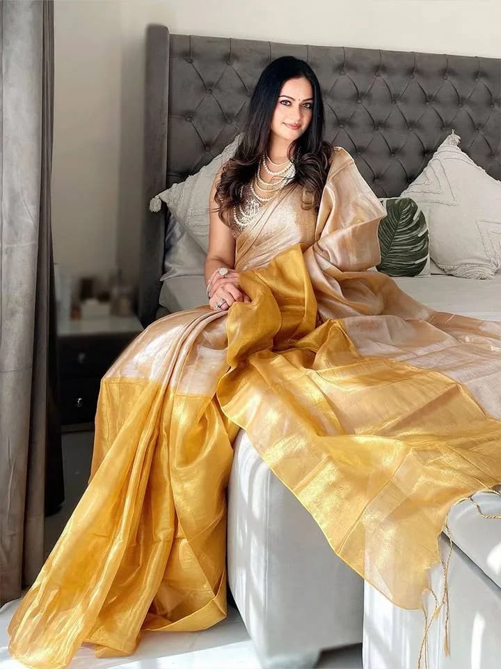 Women's Tissue Beige Solid Designer Saree with Unstitched Blouse — 4