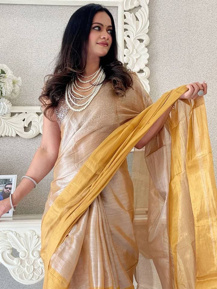 Women's Tissue Beige Solid Designer Saree with Unstitched Blouse — 2