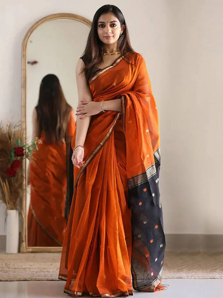 Women's Silk Cotton Orange Woven Design Saree with Unstitched Blouse — 5