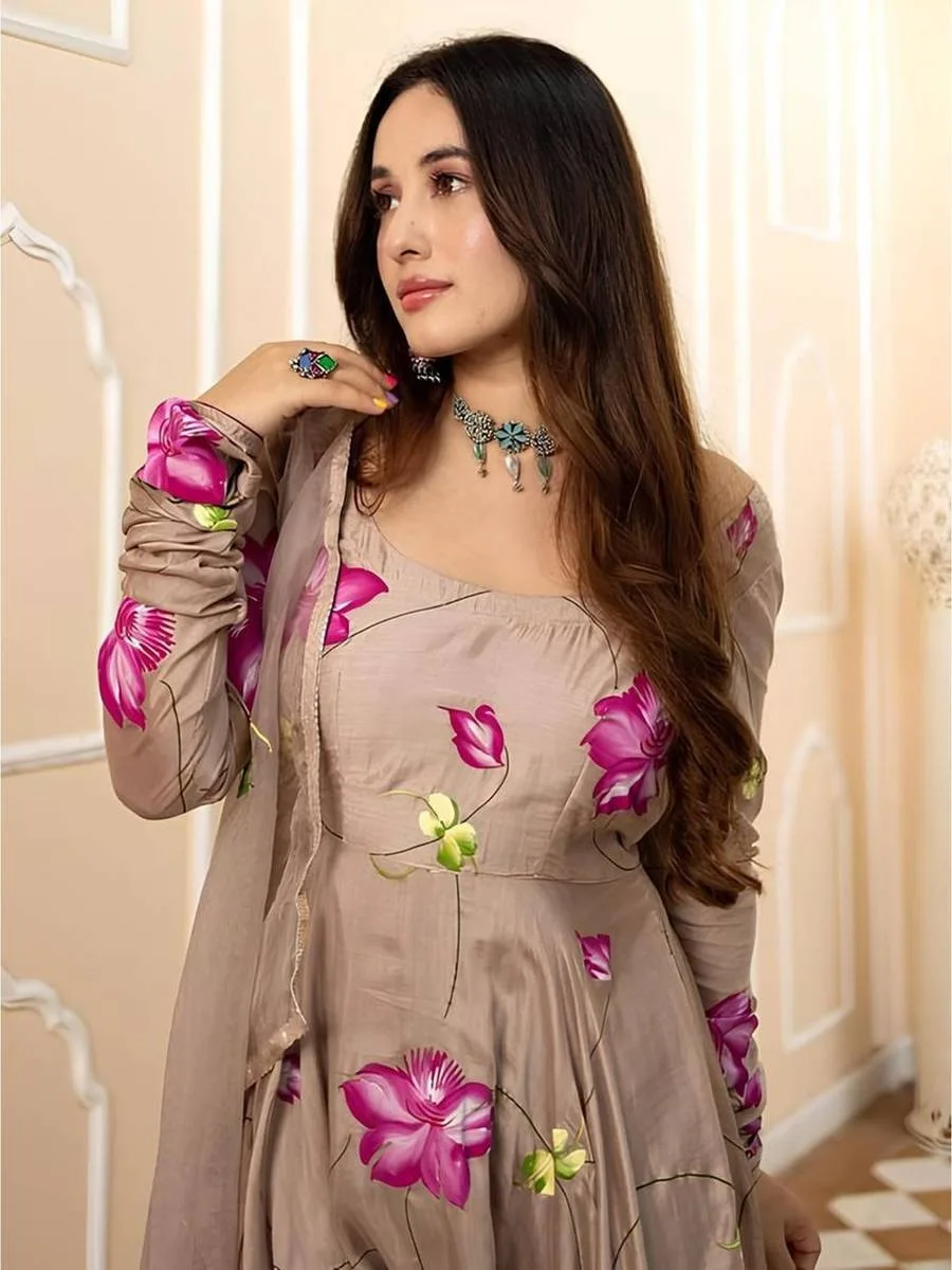 Women’S Beige Floral Printed Maxi Dress (XL) Visit Store — 3