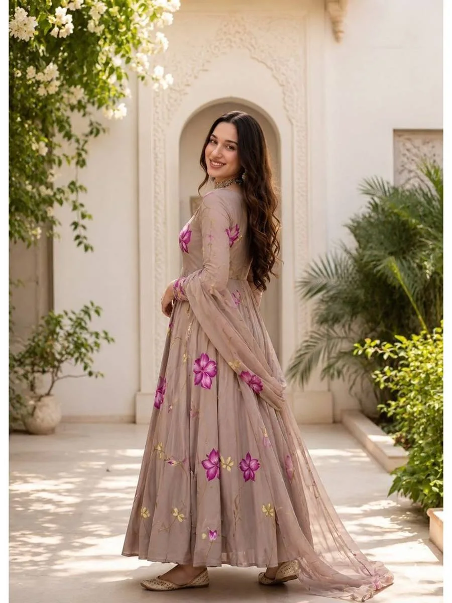 Women’S Beige Floral Printed Maxi Dress (XL) Visit Store — 1