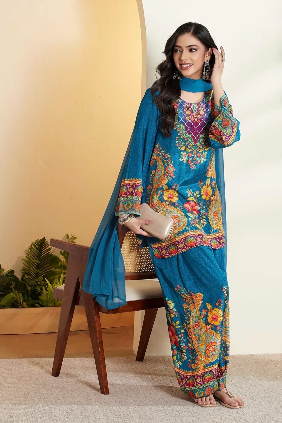 Blue Viscose Rayon Printed Straight Kurta Set — 1