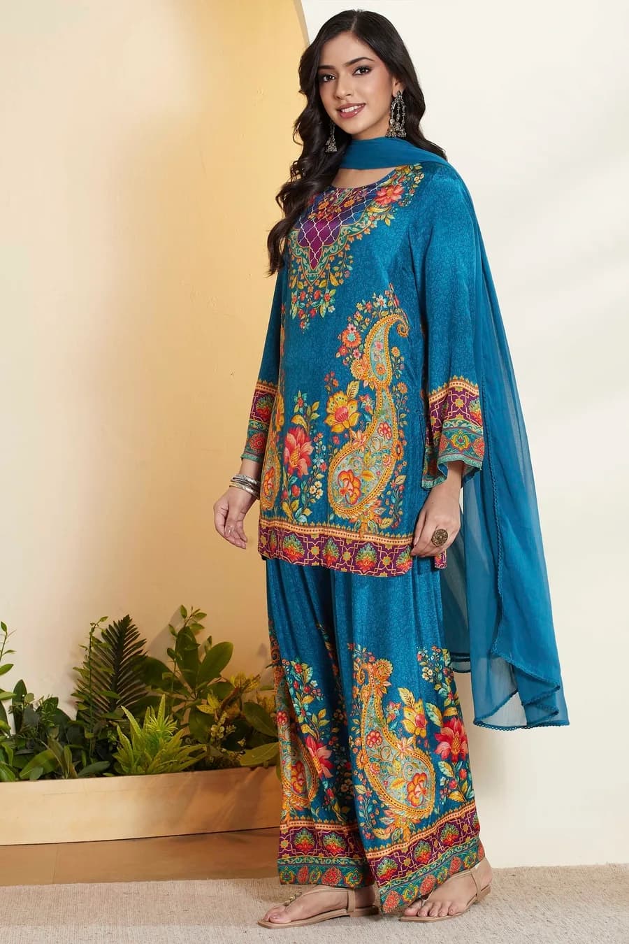 Blue Viscose Rayon Printed Straight Kurta Set — 5