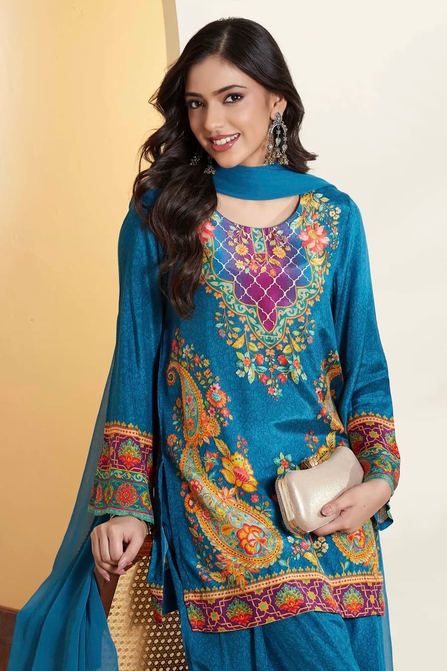 Blue Viscose Rayon Printed Straight Kurta Set — 4