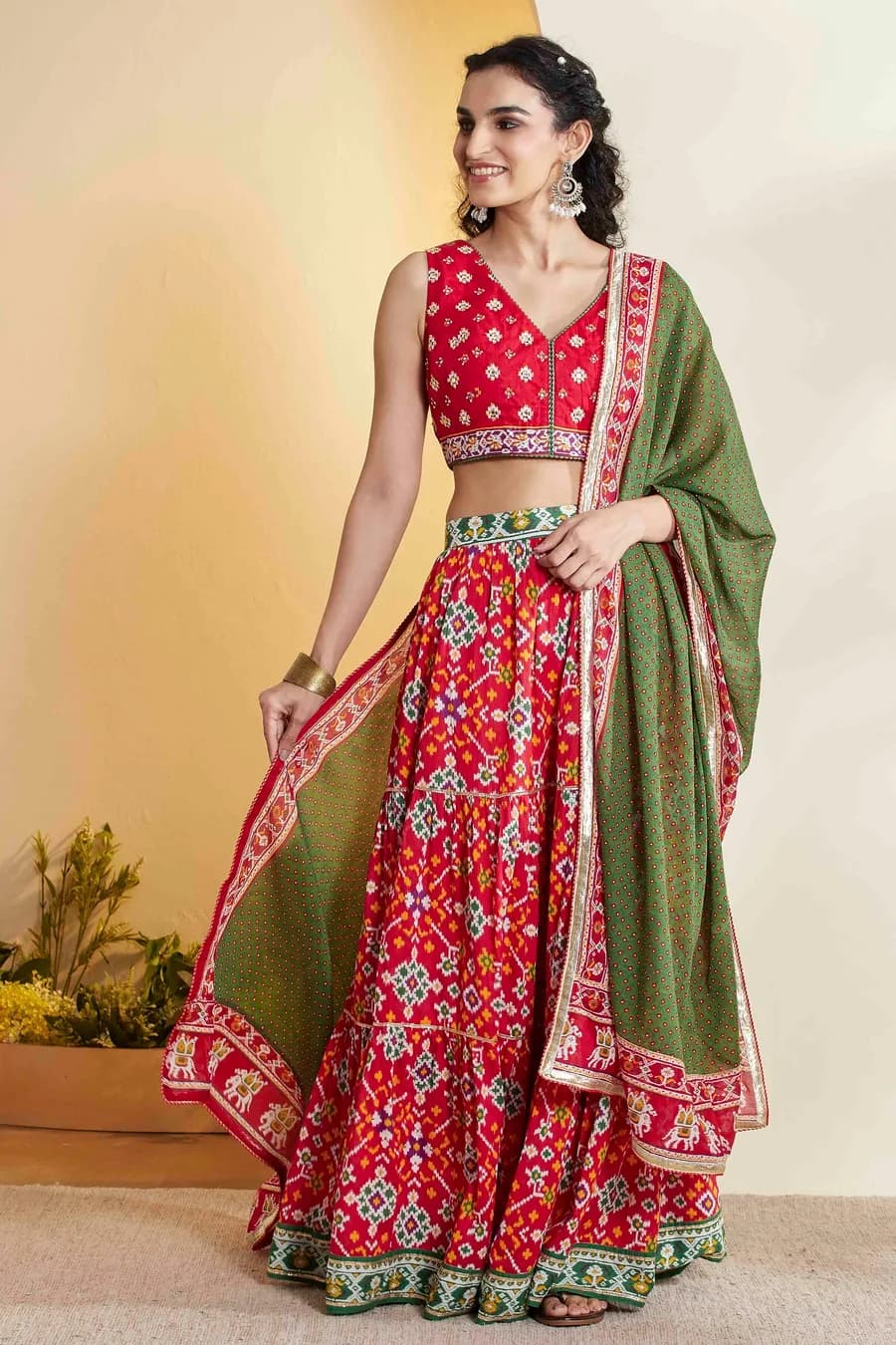 Red Printed Gathered Cotton Lehenga Set — 3