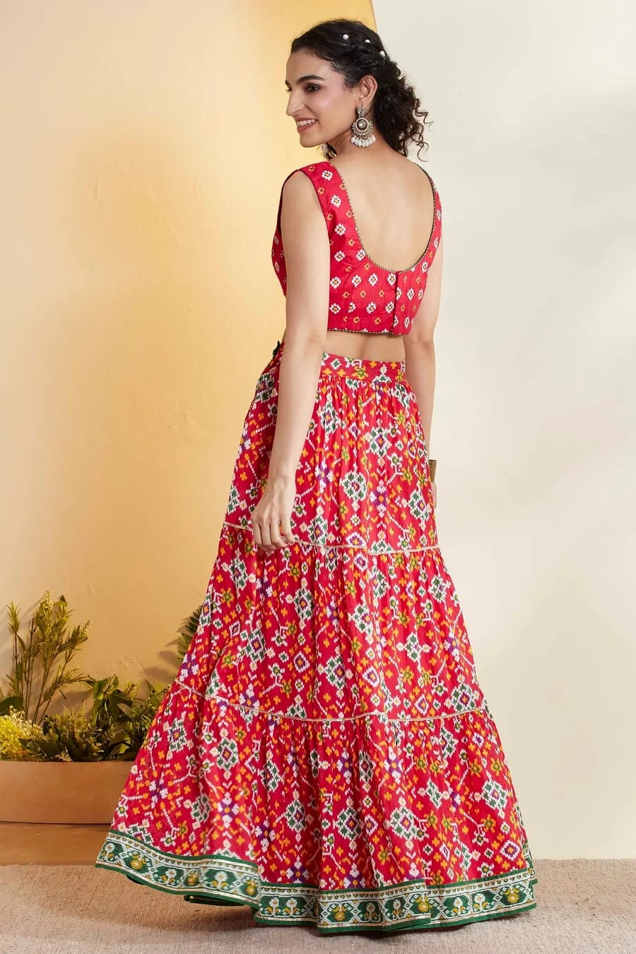 Red Printed Gathered Cotton Lehenga Set — 2