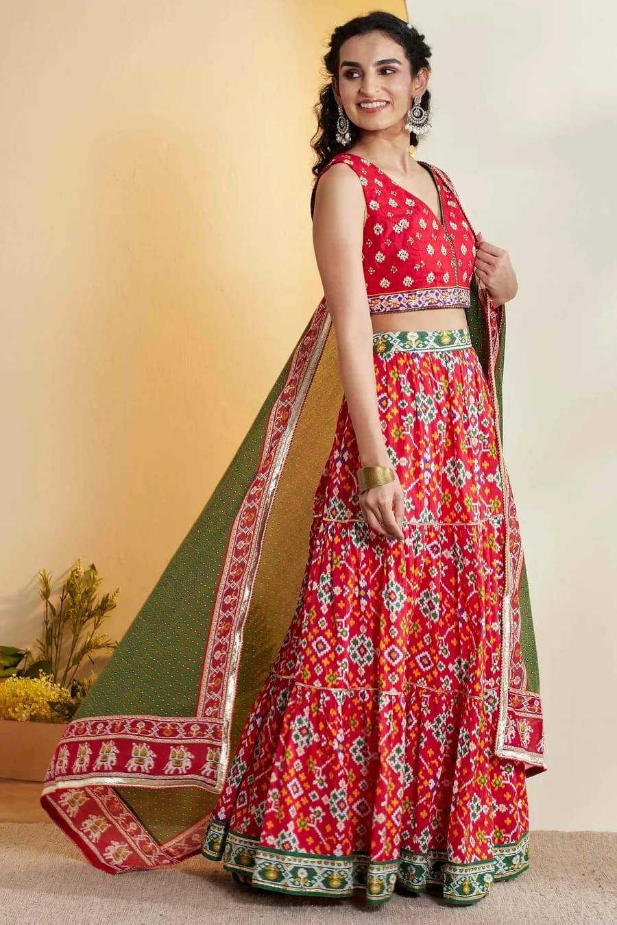 Red Printed Gathered Cotton Lehenga Set — 7