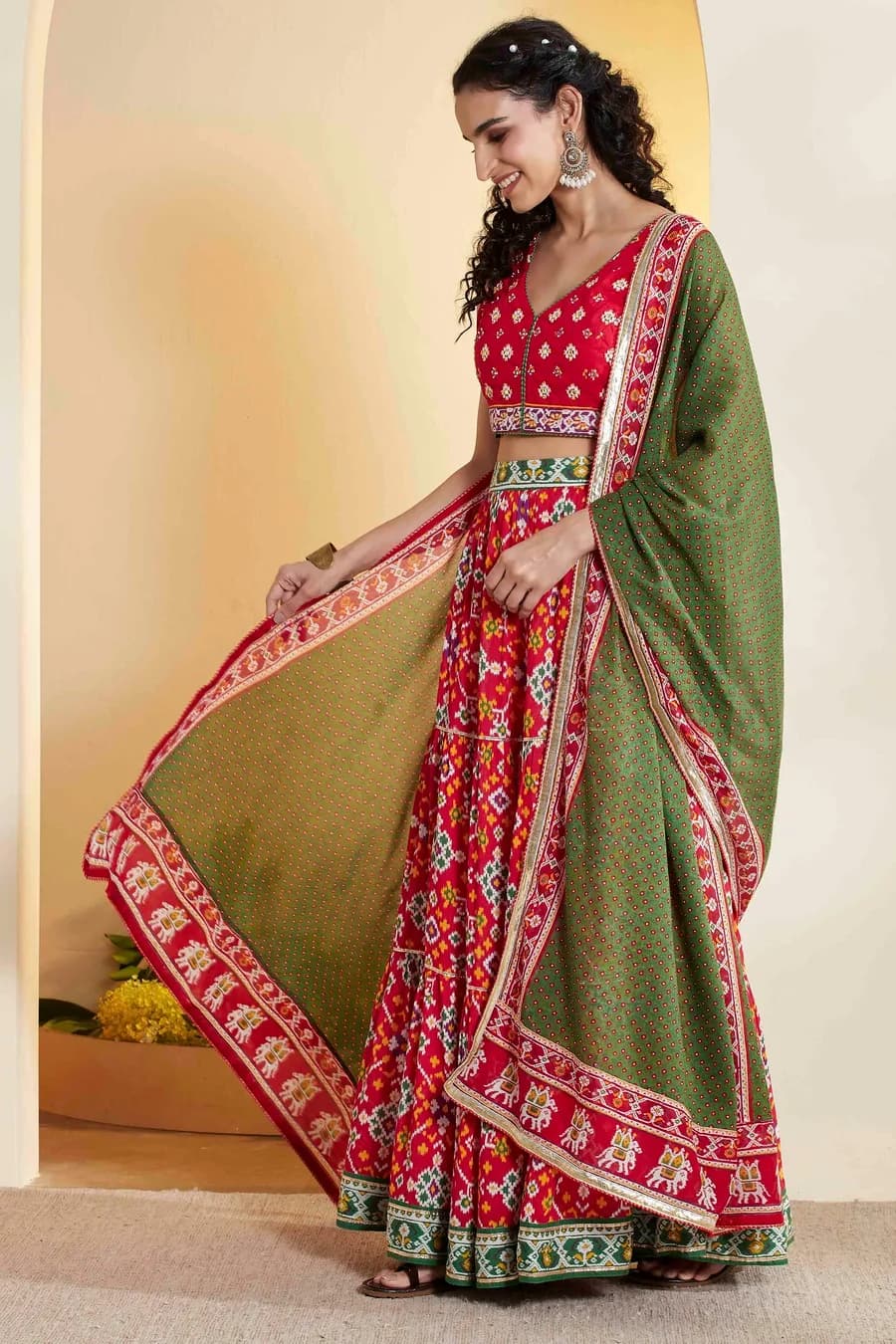 Red Printed Gathered Cotton Lehenga Set — 1