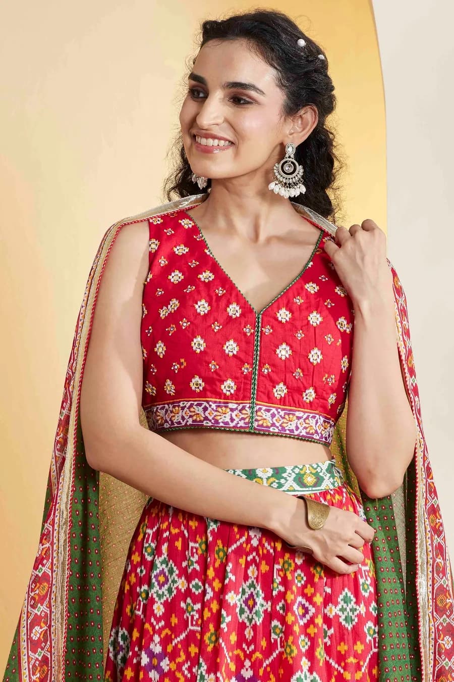 Red Printed Gathered Cotton Lehenga Set — 8