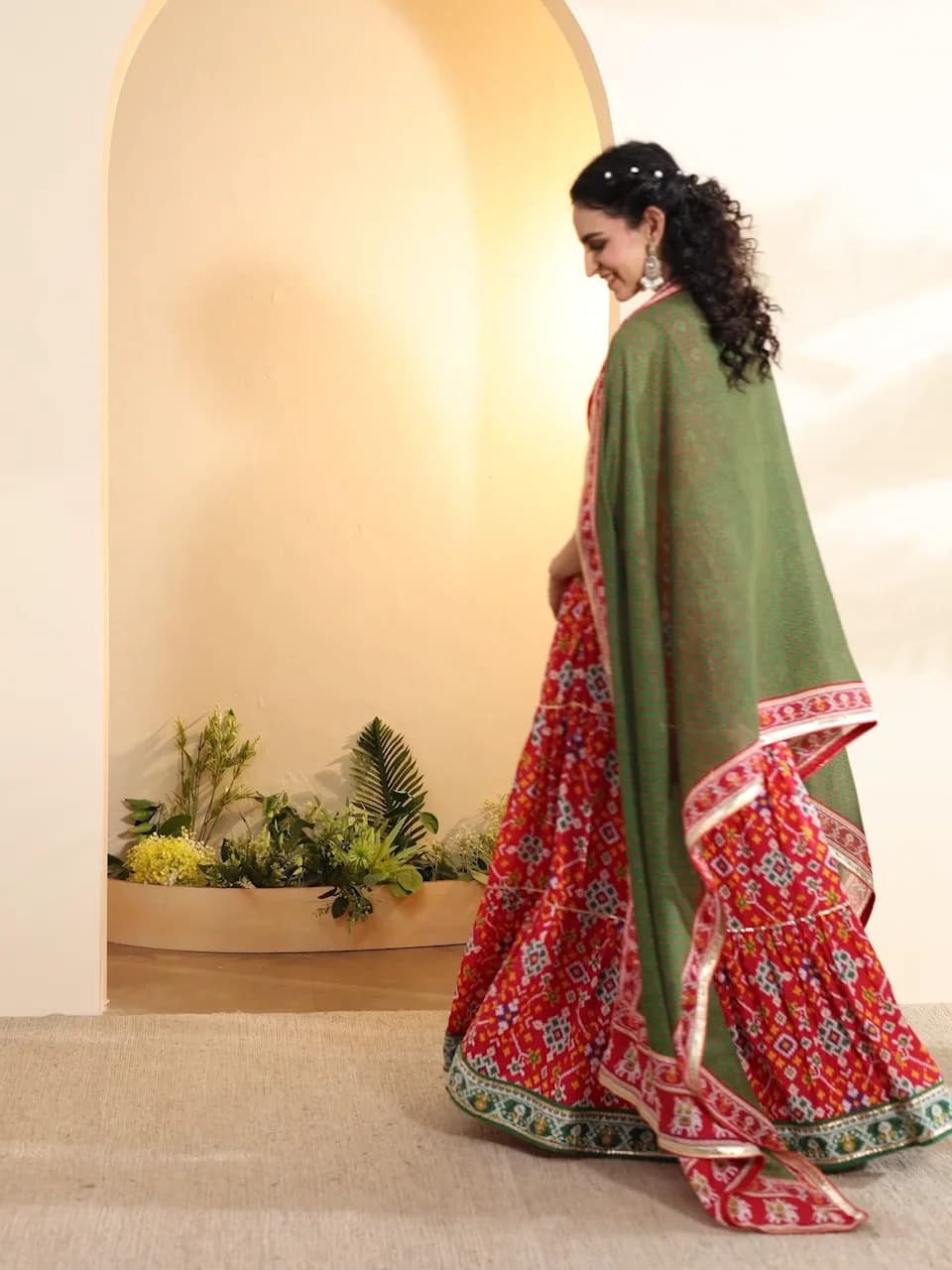 Red Printed Gathered Cotton Lehenga Set — 4