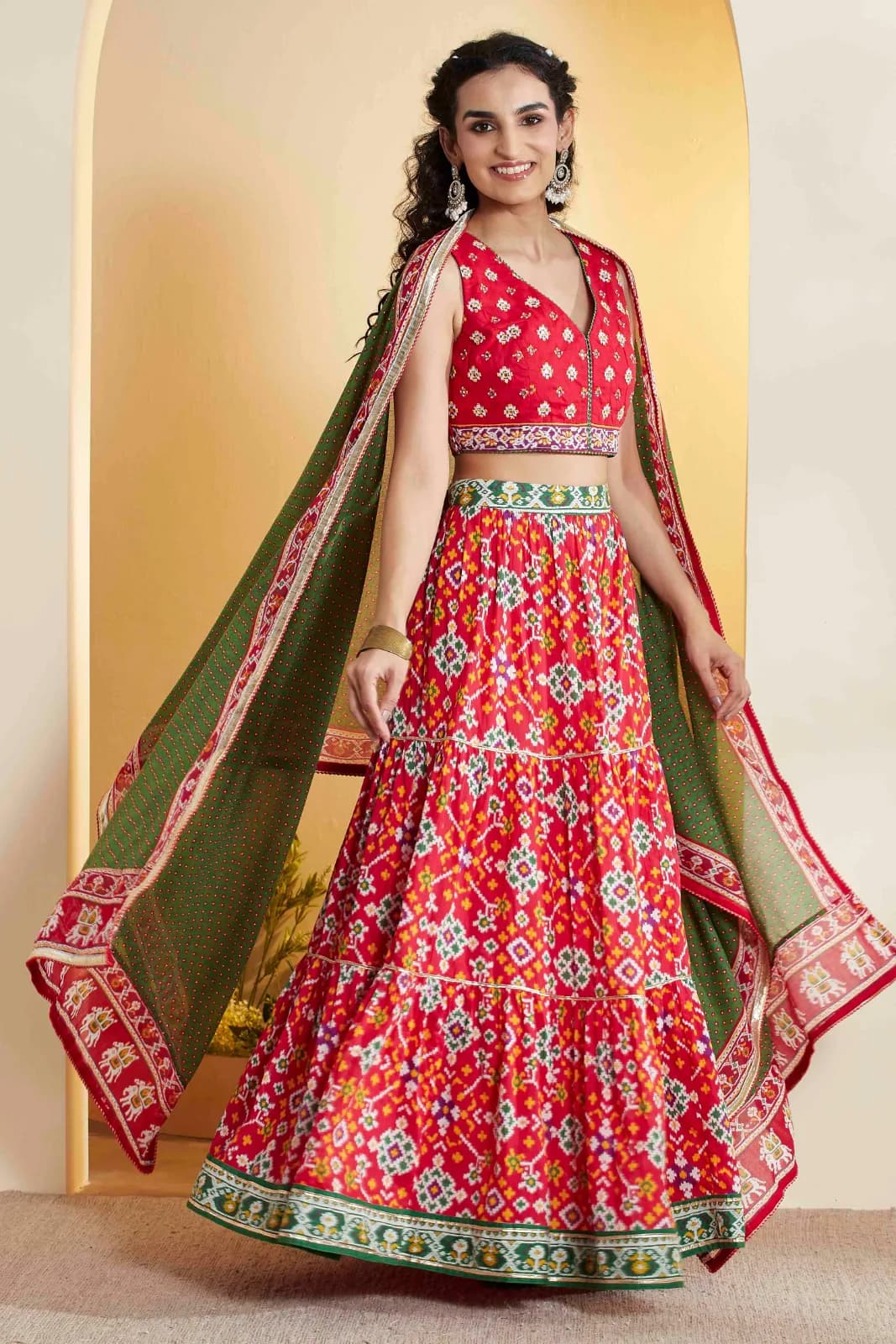 Red Printed Gathered Cotton Lehenga Set — 9