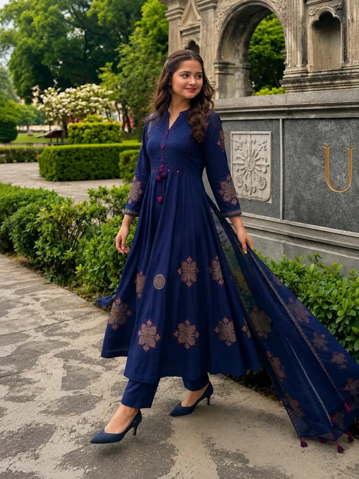 Pure Cotton Navy Blue Patchwork A-Line Kurta Pant Dupatta Set — 1