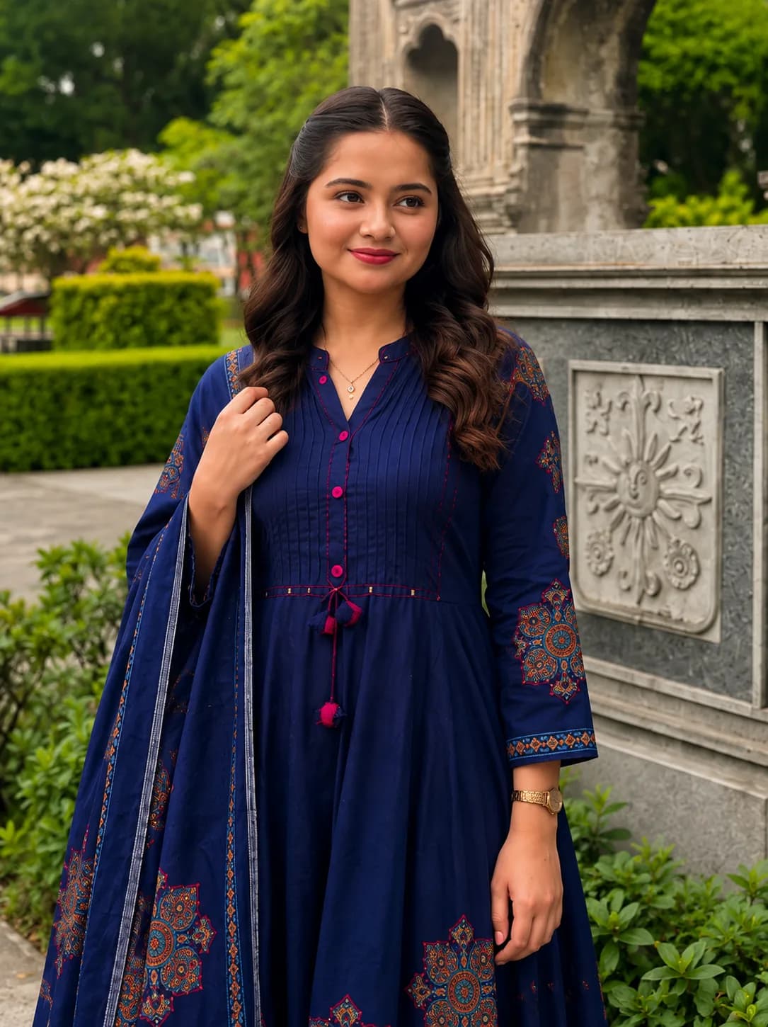 Pure Cotton Navy Blue Patchwork A-Line Kurta Pant Dupatta Set — 4