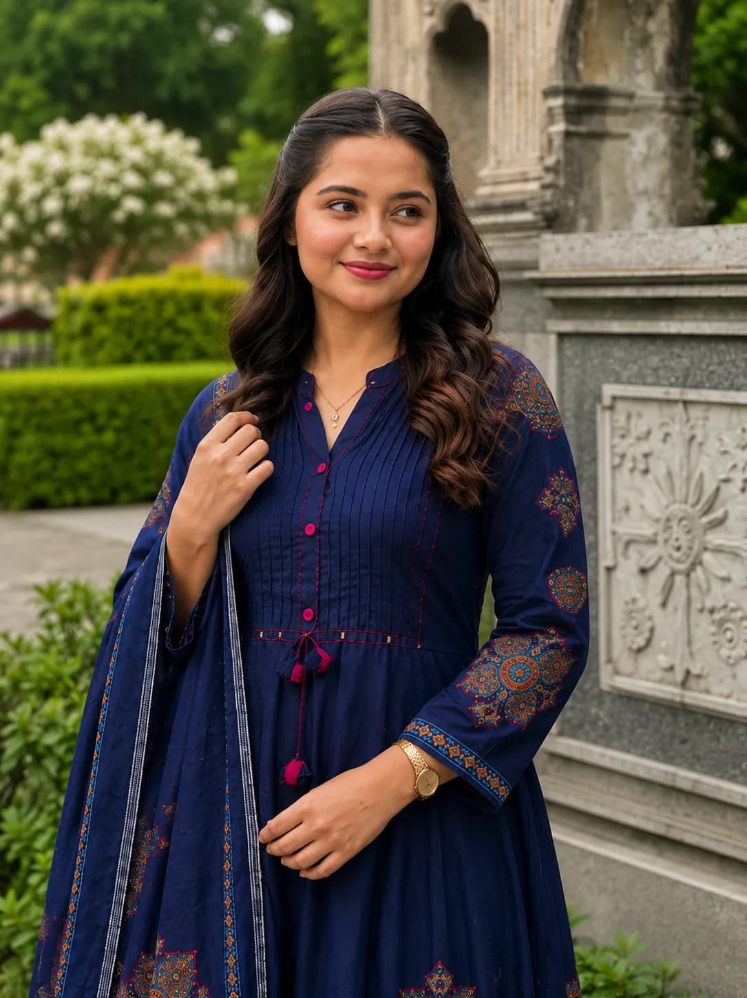 Pure Cotton Navy Blue Patchwork A-Line Kurta Pant Dupatta Set — 2