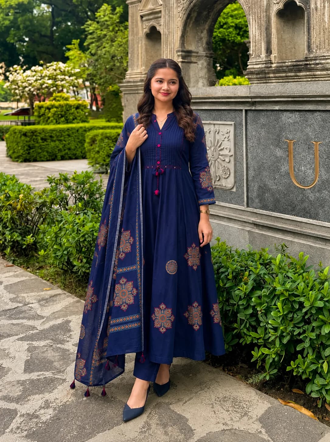 Pure Cotton Navy Blue Patchwork A-Line Kurta Pant Dupatta Set — 5