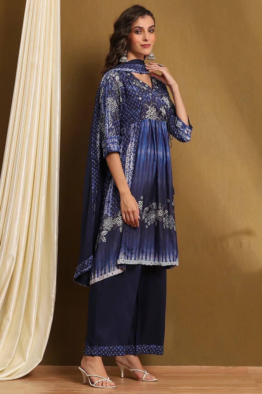 Indigo Modal Printed Angrakha Gathered Suit Set — 3