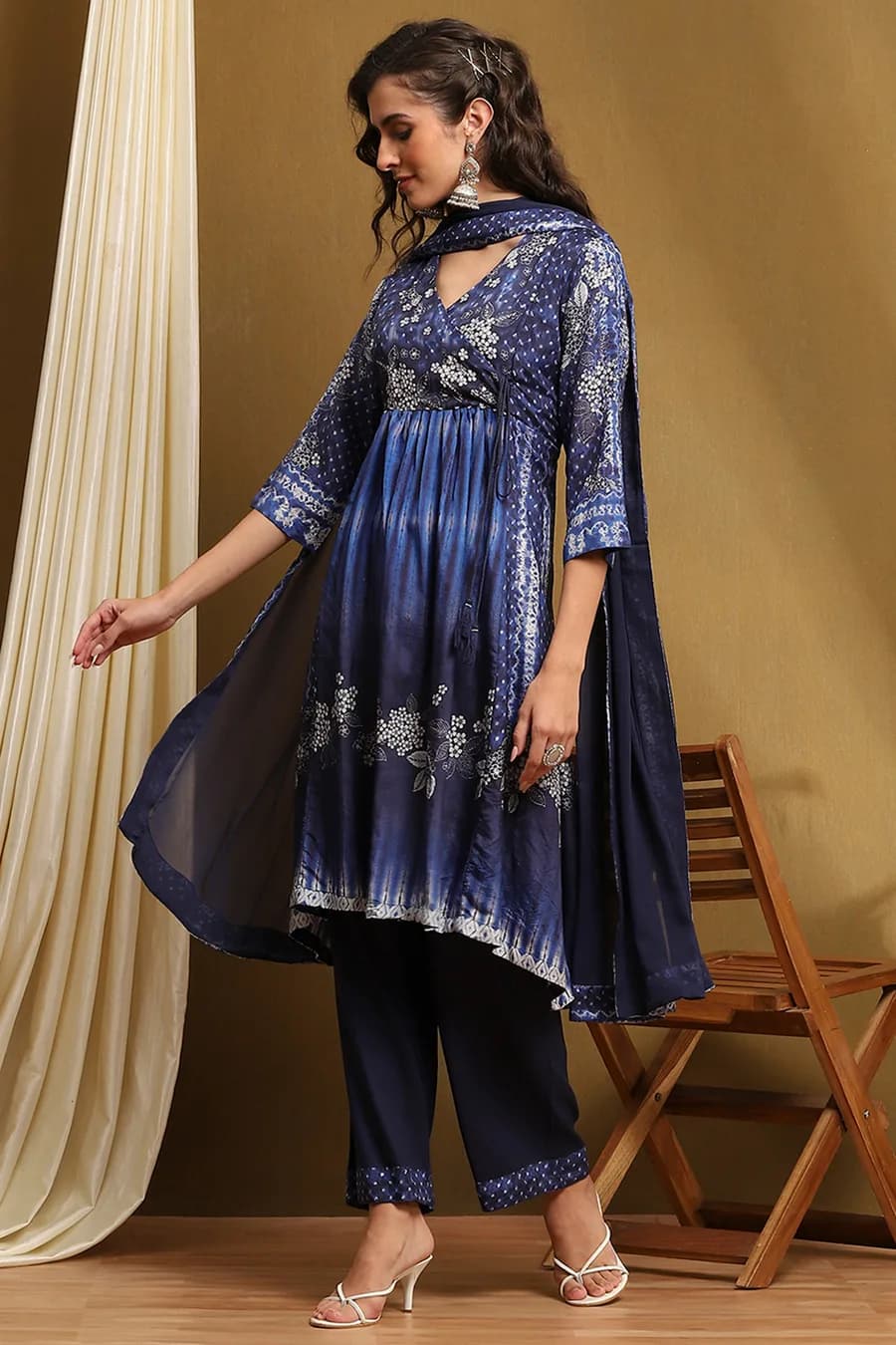 Indigo Modal Printed Angrakha Gathered Suit Set — 6