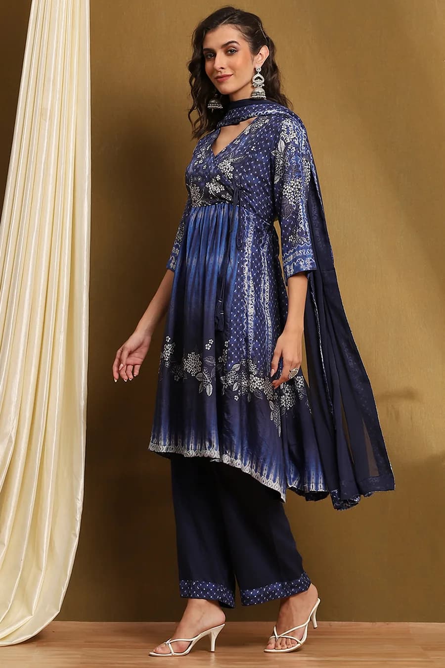 Indigo Modal Printed Angrakha Gathered Suit Set — 5