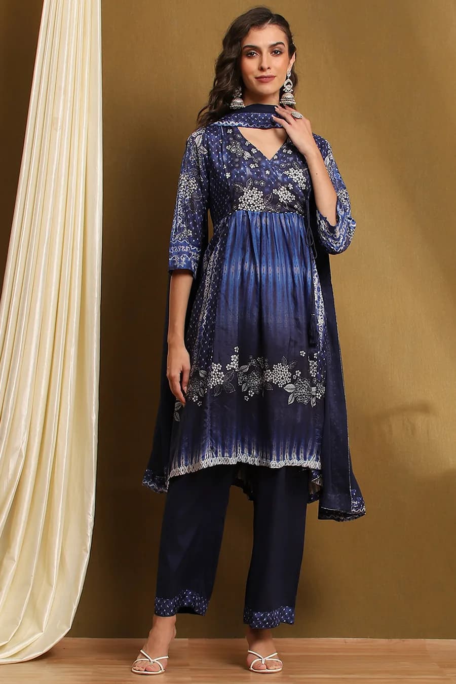 Indigo Modal Printed Angrakha Gathered Suit Set — 1