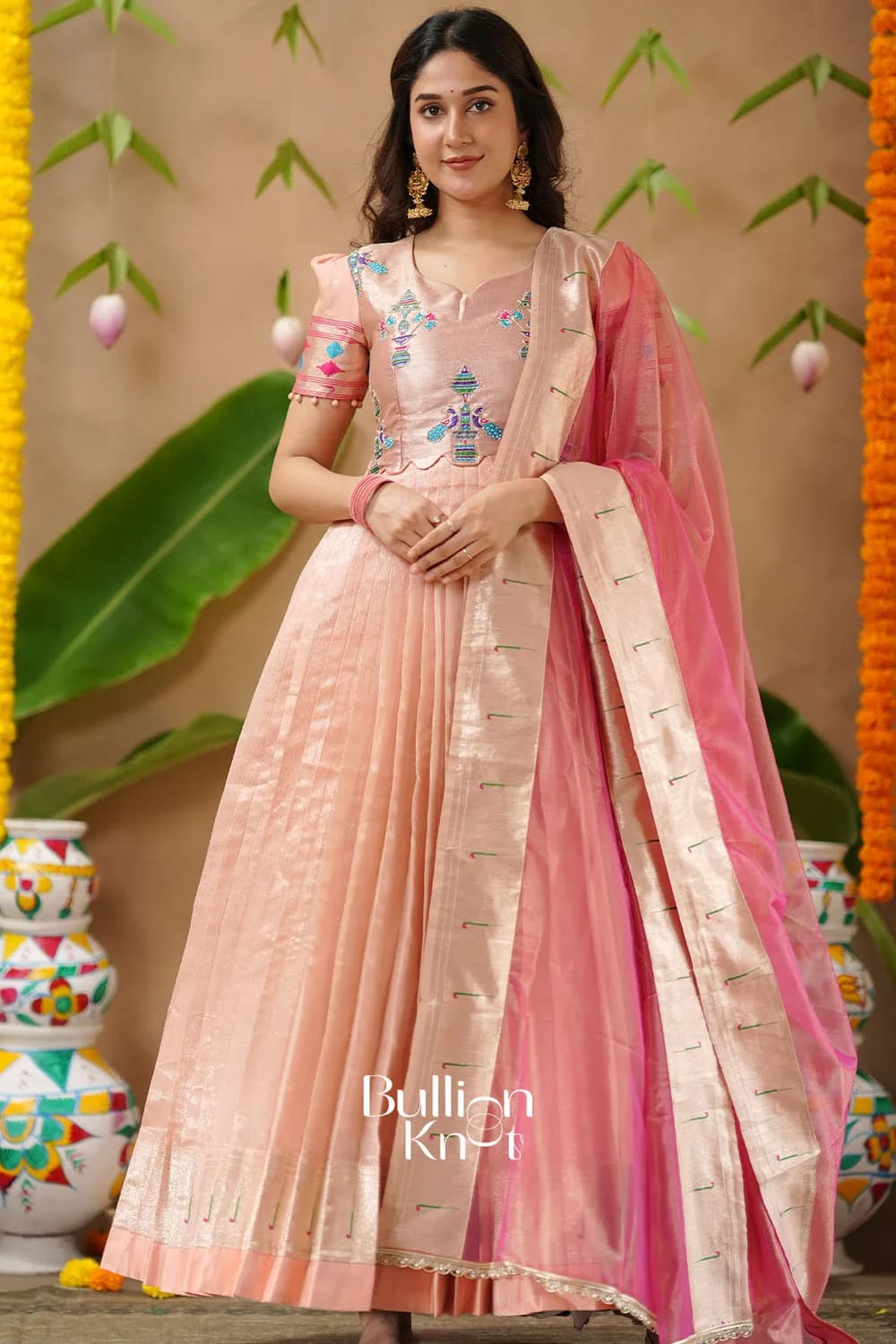 Hansmukti | Paithani Silk Anarkali Dress in Peach with Dupatta — 1